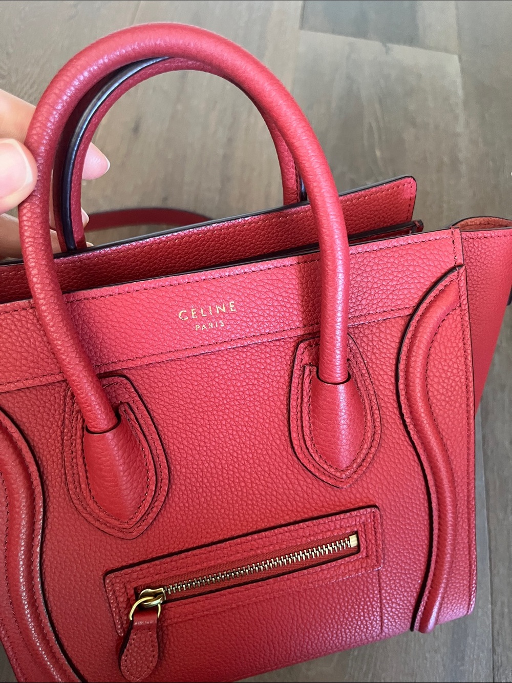 Celine Red Grained Leather Nano Luggage Tote with Shoulder Strap - Picture 8 of 11